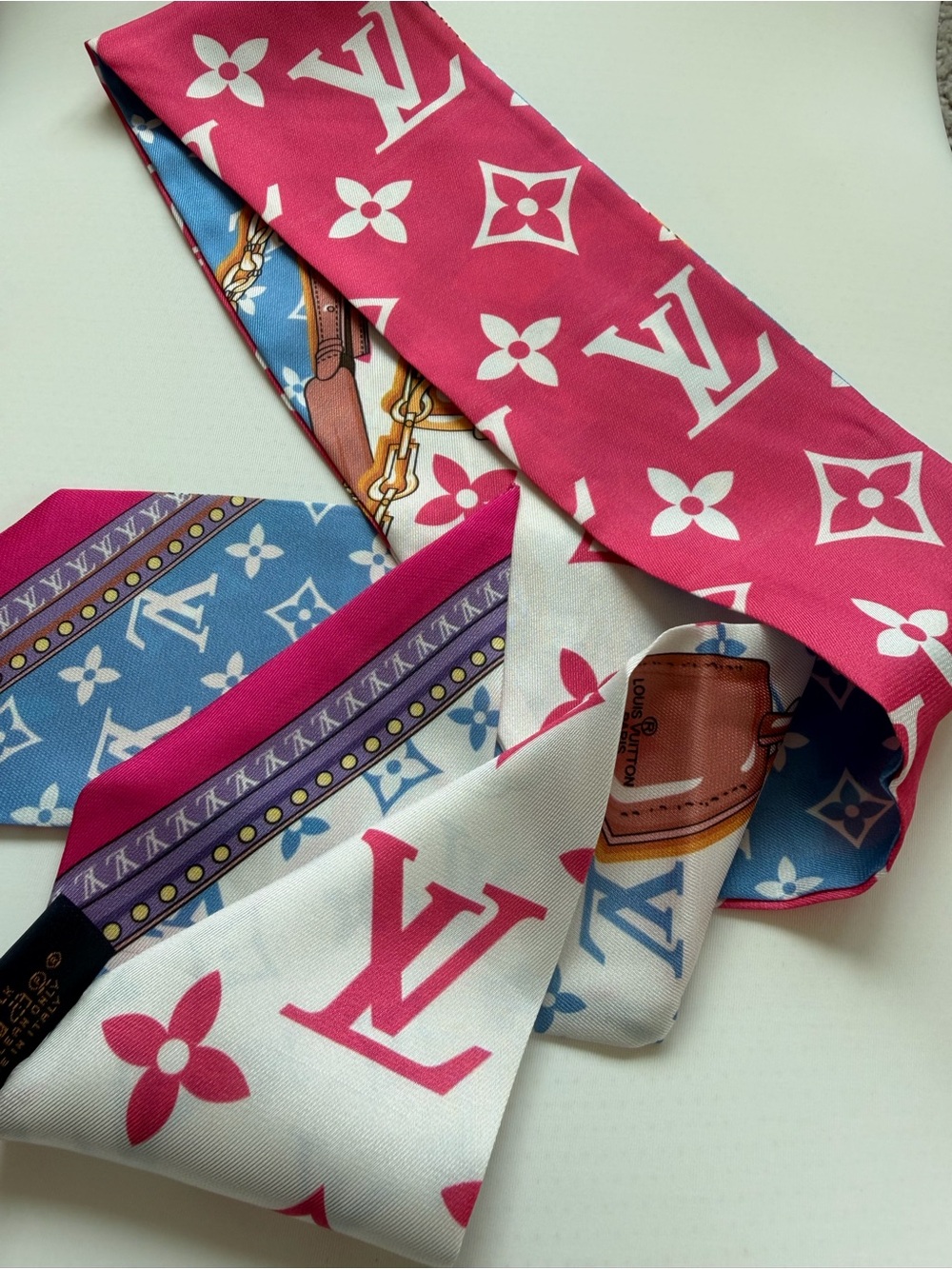 Louis Vuitton Pink, White & Blue Monogram Silk Twilly